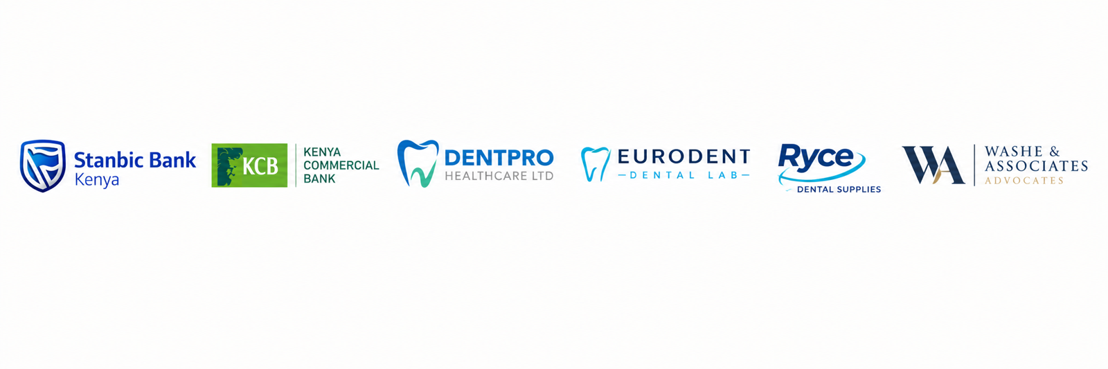 Corporate clients and associates of Lavington Green Dental Suite: Stanbic Bank, Kenya Commercial Bank, Dentpro Healthcare, Eurodent Dental Lab, Ryce Dental Supplies, Washe & Associates Advocates